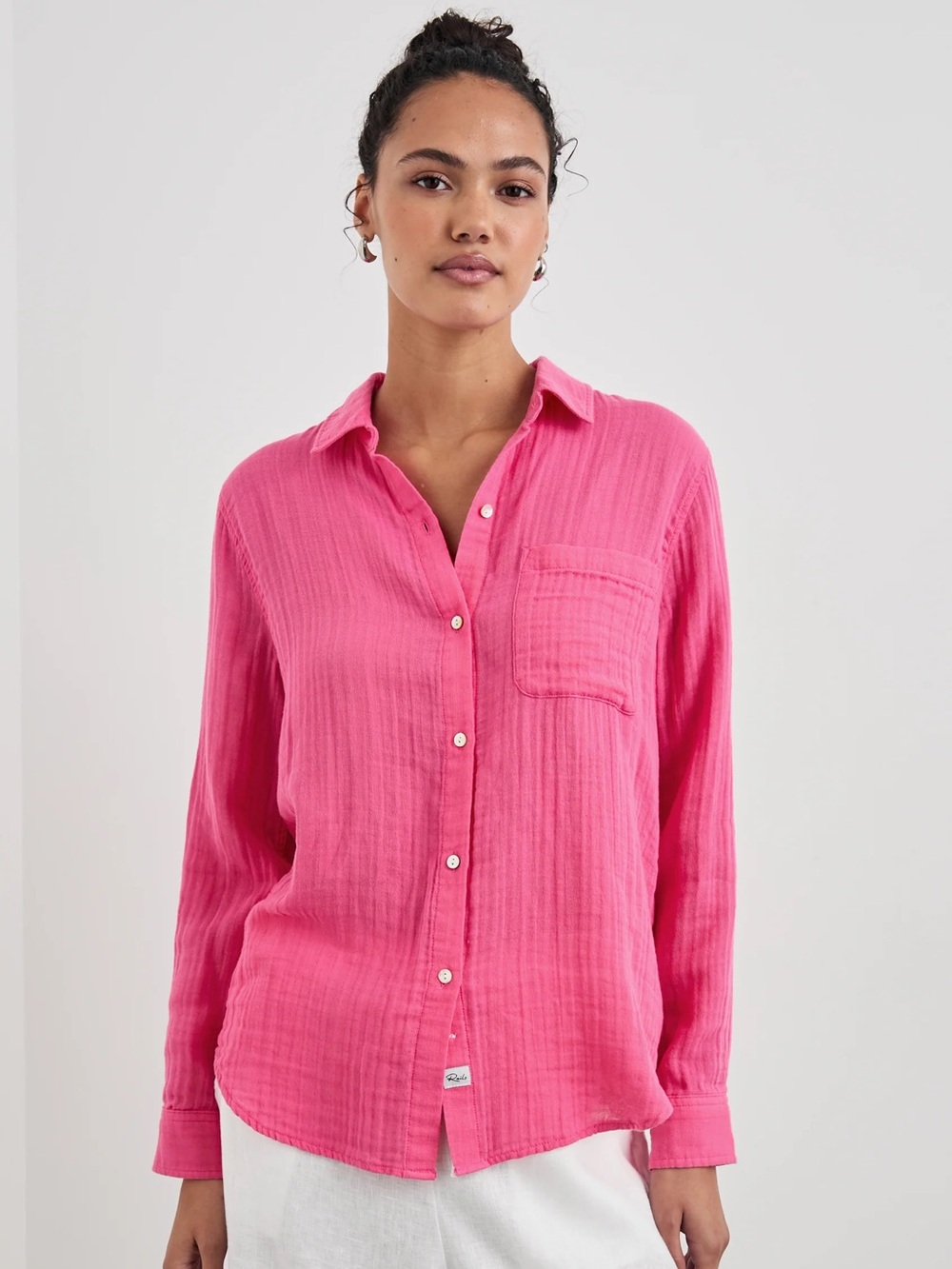 Rails Ellis Organic Cotton Button Up Shirt Hibiscus Hot Pink M
